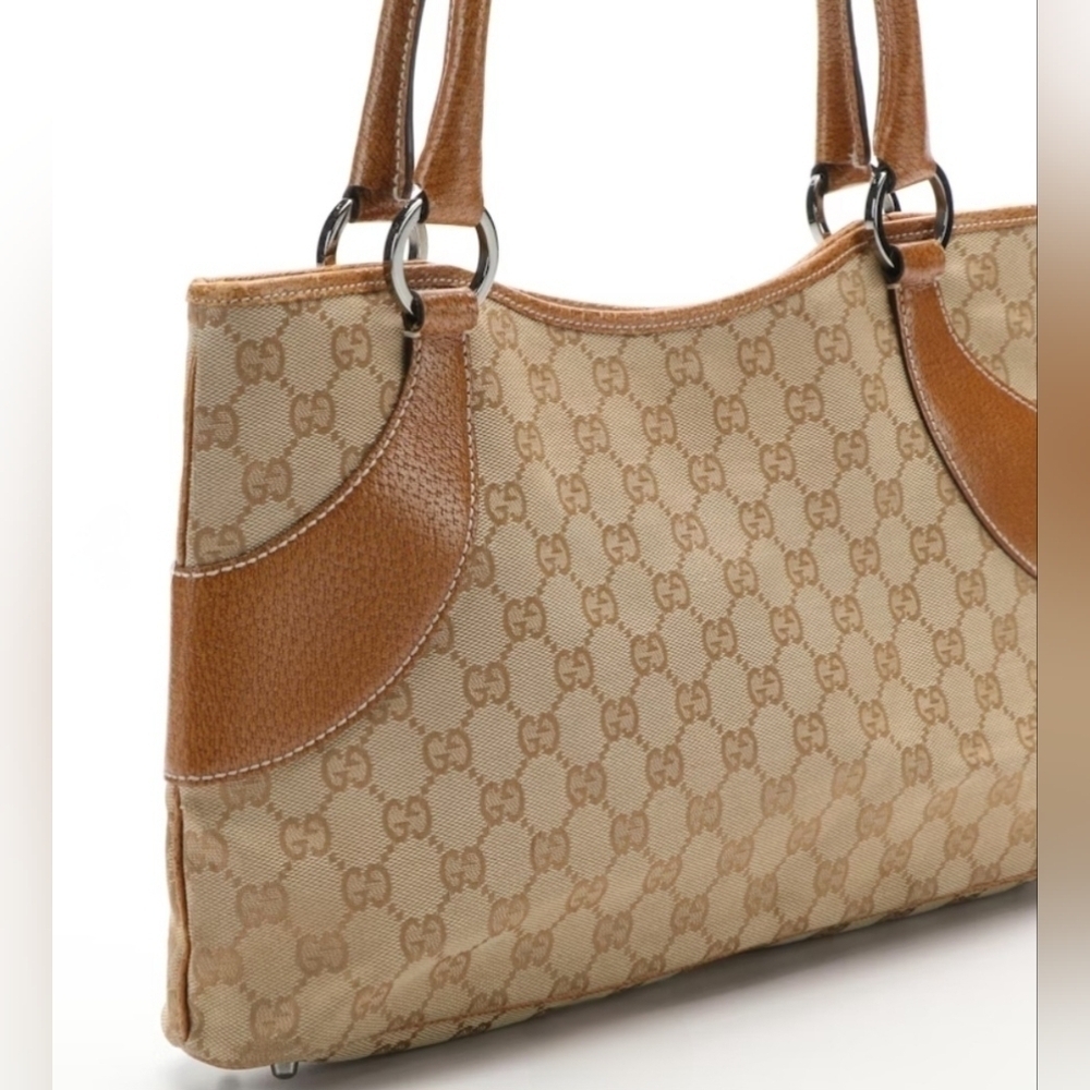 Gucci | Monogram GG Canvas and Brown Leather Tote Shoulder Bag - Picture 9 of 12